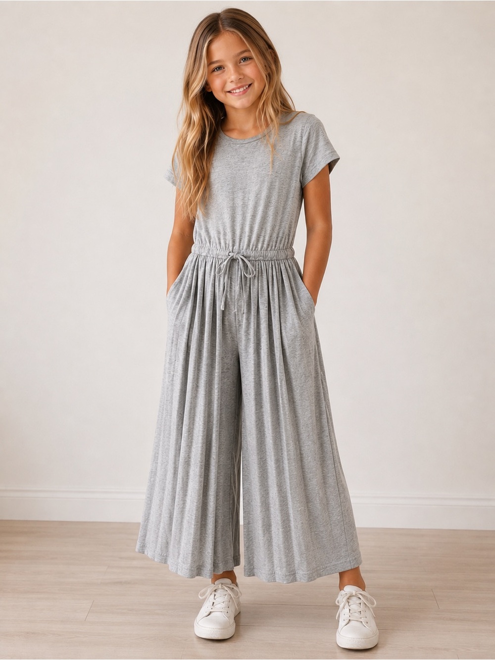 Zara Kids Pleated Culotte Jumpsuit in light grey marl ~ size 6/7